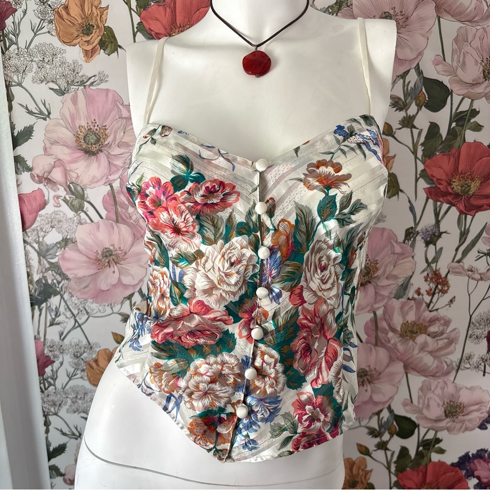 VTG Victoria's Secret Floral Satin Cami Top in Cream, Teal, Pink and Gold